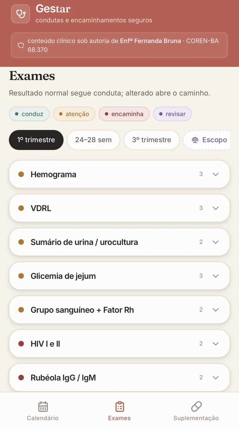 Lista de exames por trimestre no app Gestar