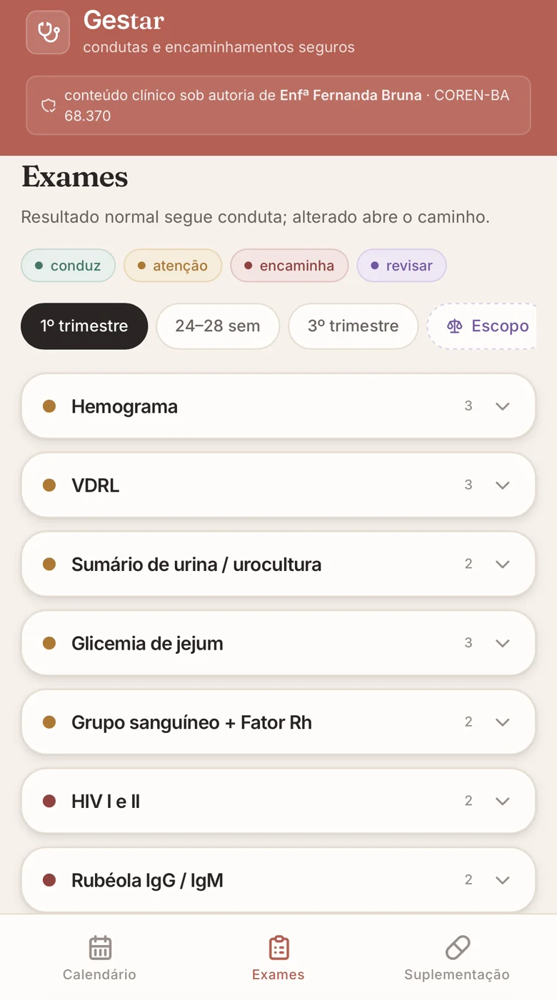 Lista de exames por trimestre no app Gestar